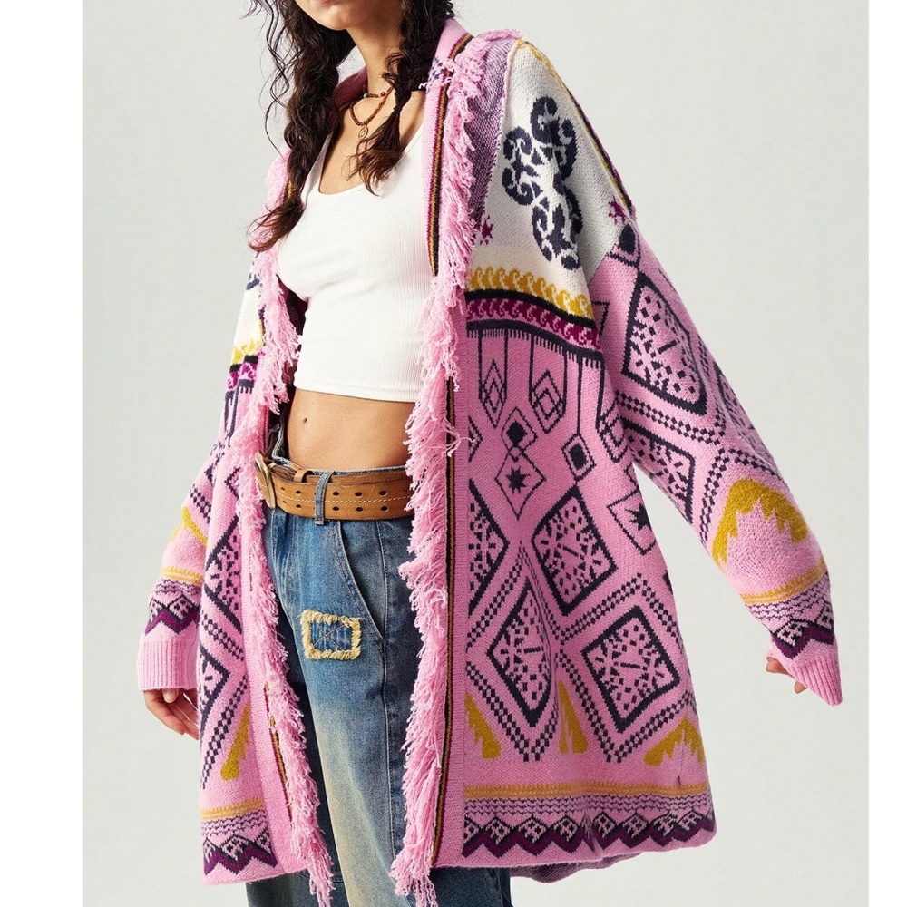 Cozy Pink Blessed Eye Geo Print Fringe Open Front Cardigan